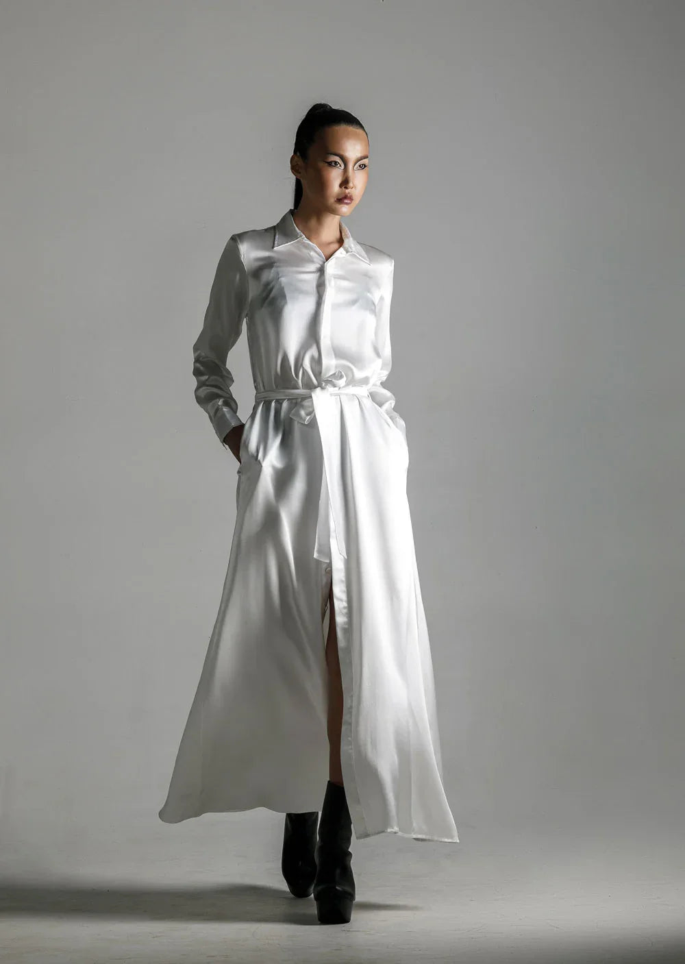 Anais Long Sleeve Silk Shirt Dress, White M/L