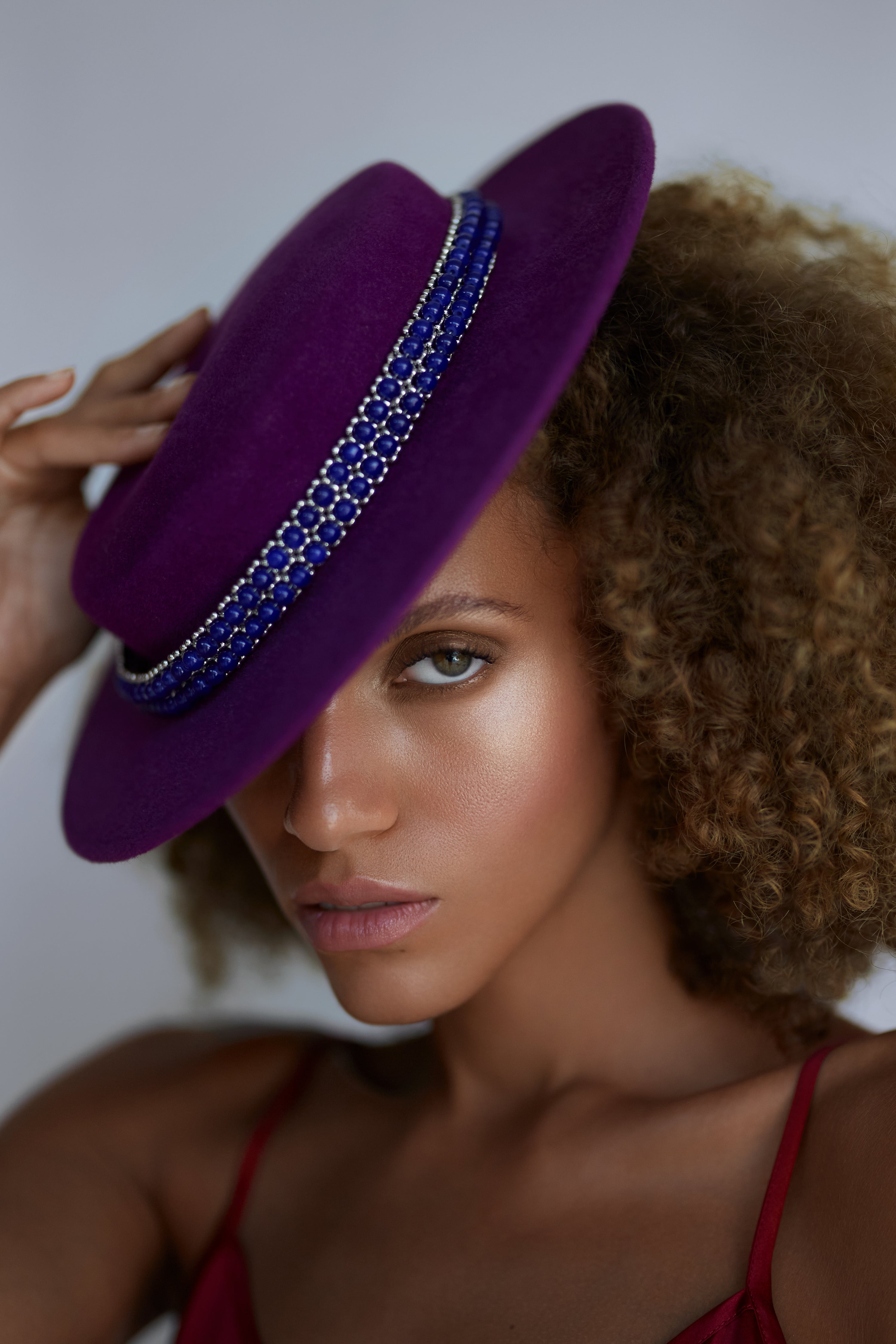 Krystyna Wool Boater Hat in Purple Wool Felt