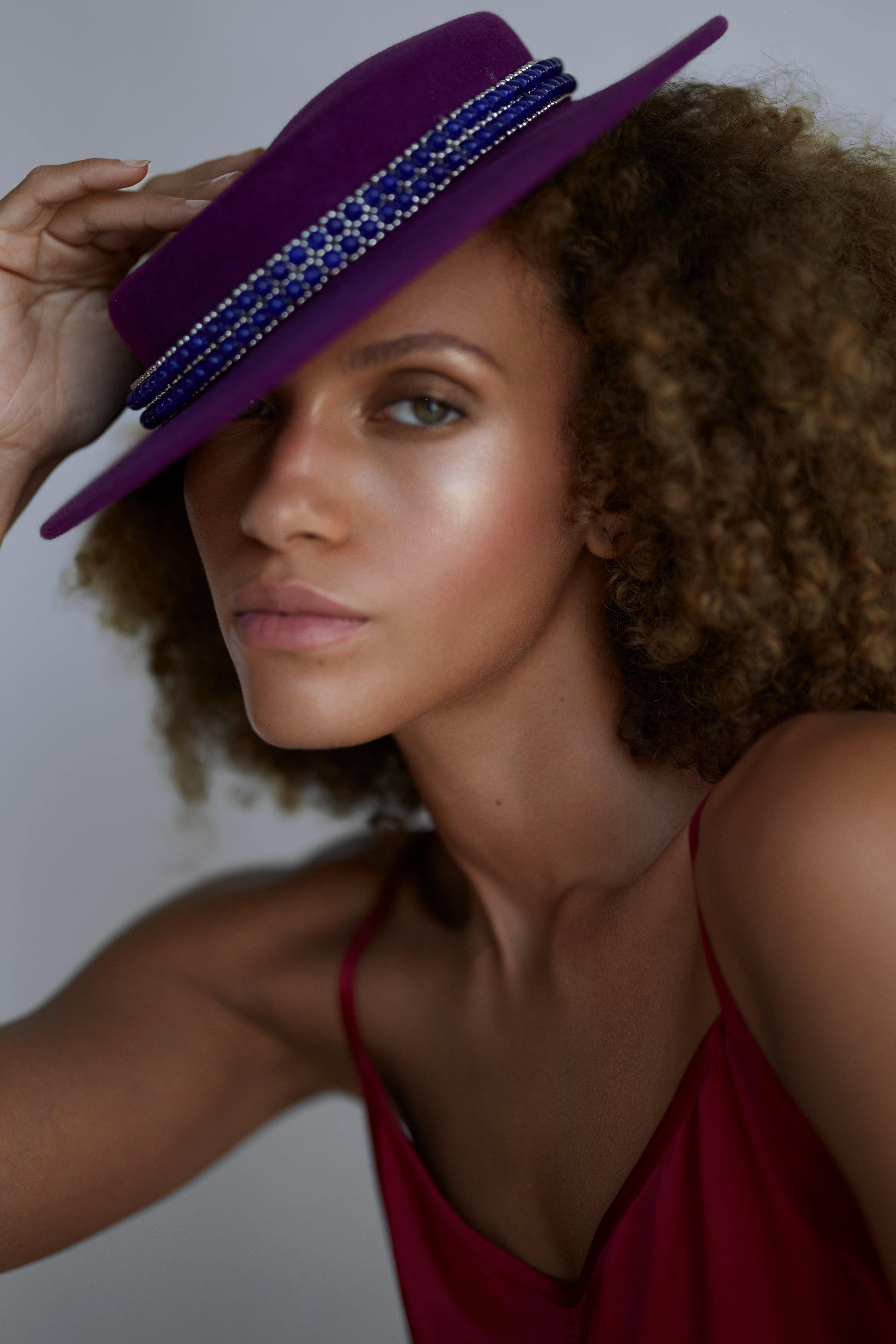 Krystyna Wool Boater Hat in Purple Wool Felt