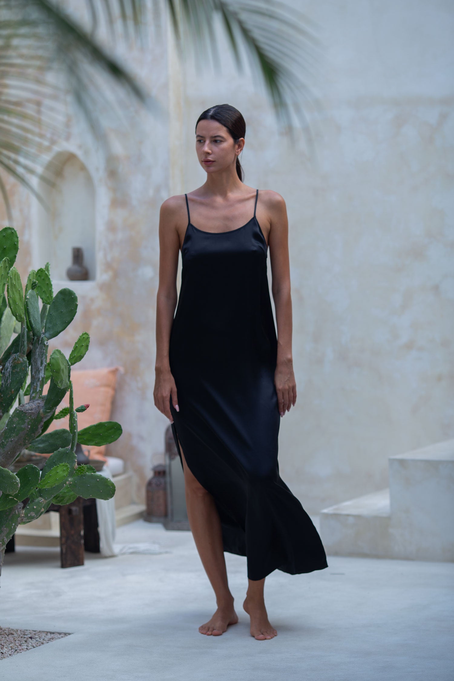 Teuta Maxi Silk Slip Dress, Black