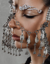 Jas Modular Headpiece System w/Face Chain, Cowrie Shell Tassels, in Pearl