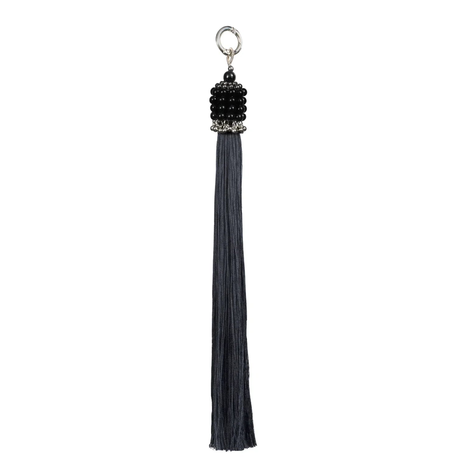 medium size beaded polyester tassel from polymer metal beads with black crystal by object and dawn