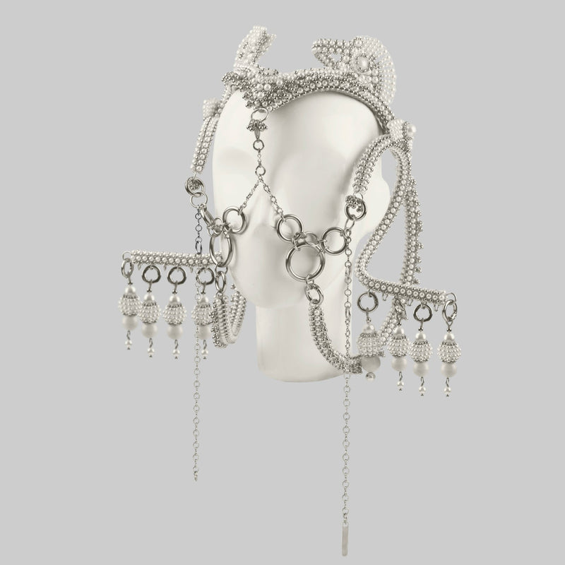 Pearl Jas Modular Headpiece System: with removable White Tassels, Large Pearl Medallions