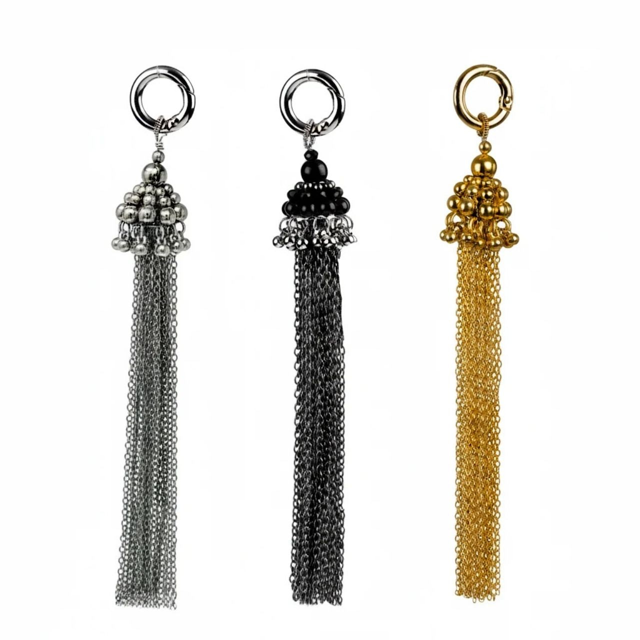 3 color of beaded chain tassels in silver, jet black, gold by object &amp; dawn