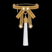 Object & Dawn Beaded Necklace Amaya Bow CHoker gold with white 5" Tassel, ghost image front view