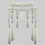 Decorative beaded belt made with synthetic pearls, and white thread tassels on a gray background