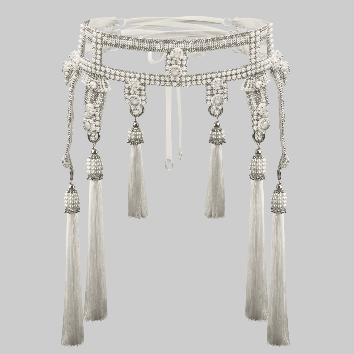 Amaya Garter Belt in Pearl with Tassels