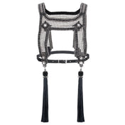 ghost image of Black mesh harness with mirror accents and black thread tassels on a white background