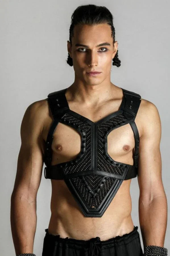 Men wears beaded modular Adonis Men's Leather Harness jet black front view