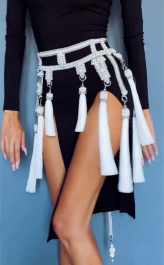 beaded modulat belt from japanese syntetic pearl with metal beads by object and dawn worn by woman in black outfit front view