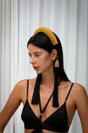 Woman wear Beaded Anais Modular Headband by Object & Dawn in neutral background