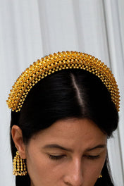Beaded Anais Modular Headband by Object & Dawn close up look on woman with grey background