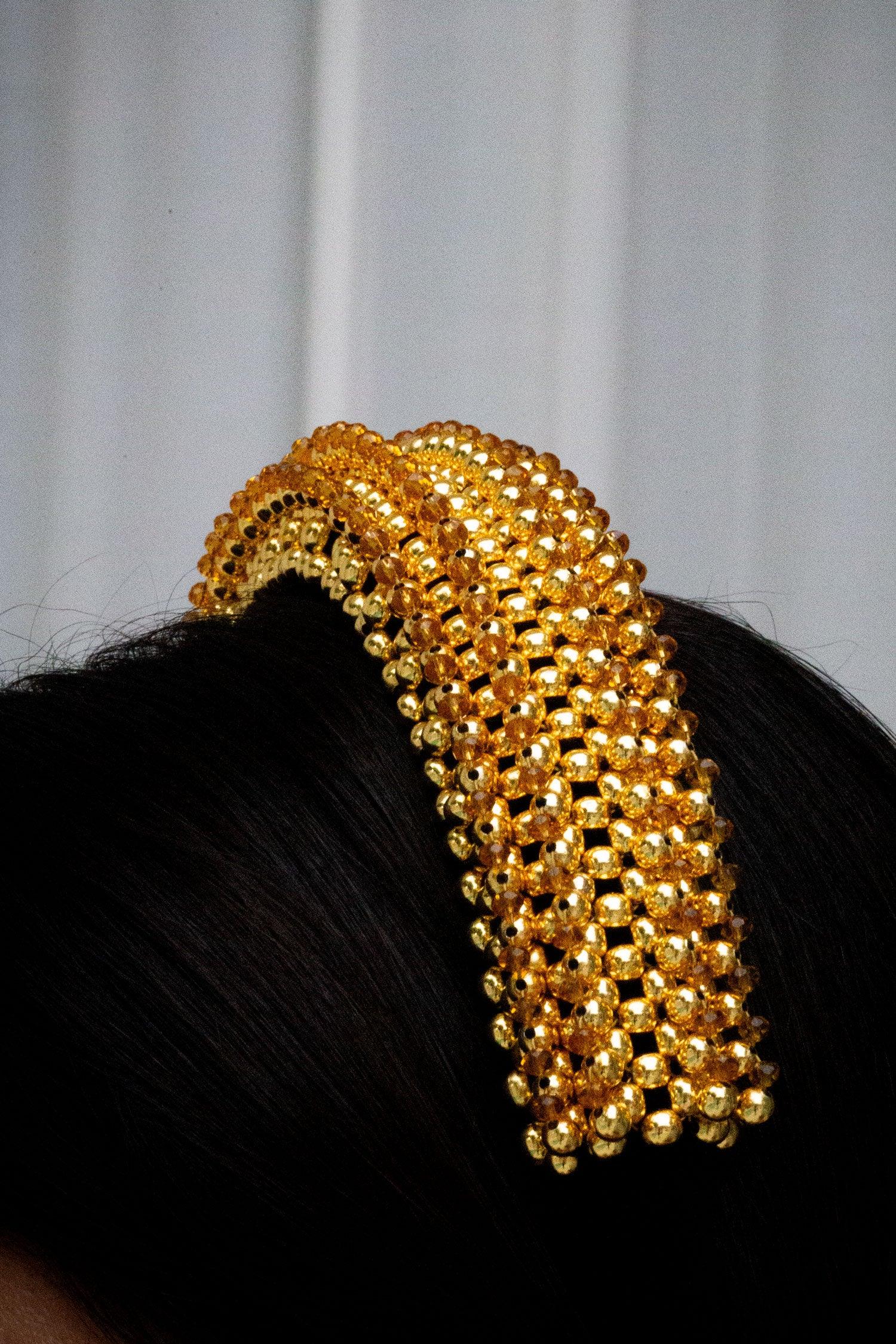 Gold beaded Anais headband worn by a person with a neutral background by Object & Dawn