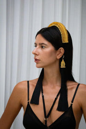 Gold Beaded Anais Headband worn by woman with neutral bacground by Object & Dawn