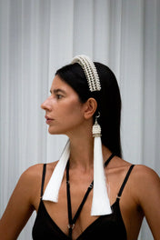 woman with black outfit wear Anais Headband peari by Object & Dawn