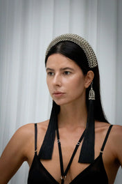 Object & Dawn Beaded Anais Modular Headband in silver wear by woman in grey back ground 