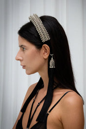 Object & Dawn Anais Headband in silver on woman in black outfit