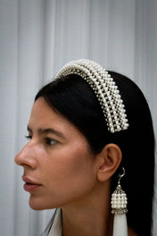Object & Dawn Anais Headband pearl side view close up worn by woman in neutral background