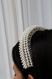 Object & Dawn Anais Headband pearl detail view worn by woman in neutral background