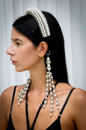 woman from side profile wear Anais Headband with trinity medallions pearl by object & dawn