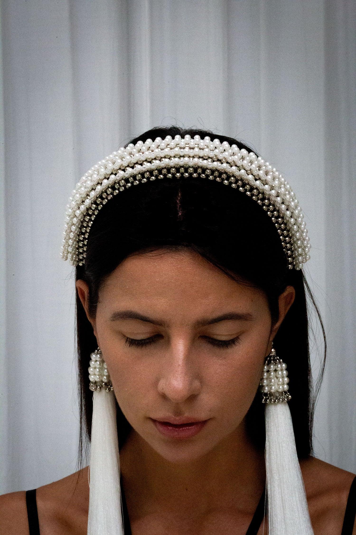 Object & Dawn Anais Headband pearl with 11" tassels worn by woman in neutral background