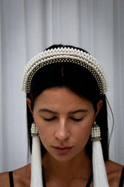 Object & Dawn Anais Headband pearl with 11" tassels worn by woman in neutral background