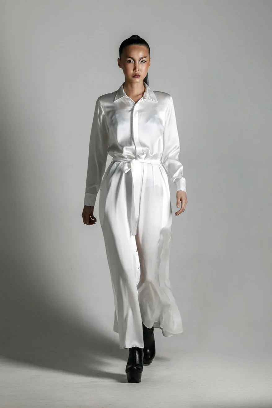 Anais Long Sleeve Silk Shirt Dress, White – Object & Dawn
