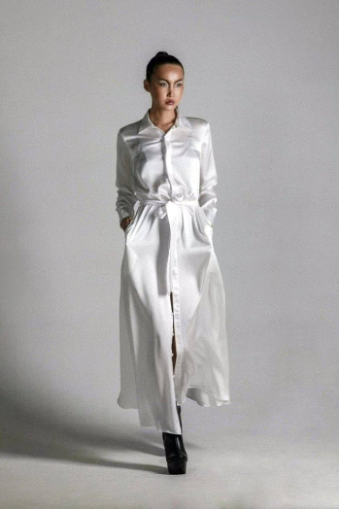 knee length dresses for ladies Anais Long Sleeve Silk Shirt Dress, White M/L
