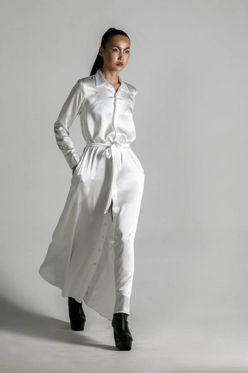 Anais Long Sleeve Silk Shirt Dress, White M/L