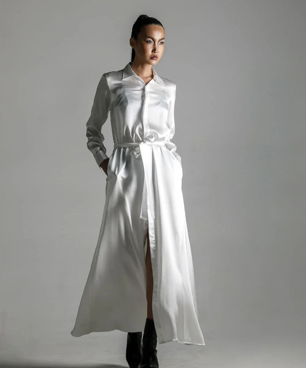 east asia woman wear anais long sleeves silk shirt dress in white with back boots heels by object and dawn