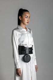 woman wear anais hilk shirt dress with zheng coin bag and corset belt by object and dawn