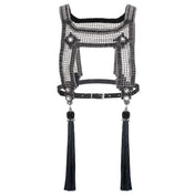 ghost image of Black mesh harness with mirror accents and black thread tassels on a white background