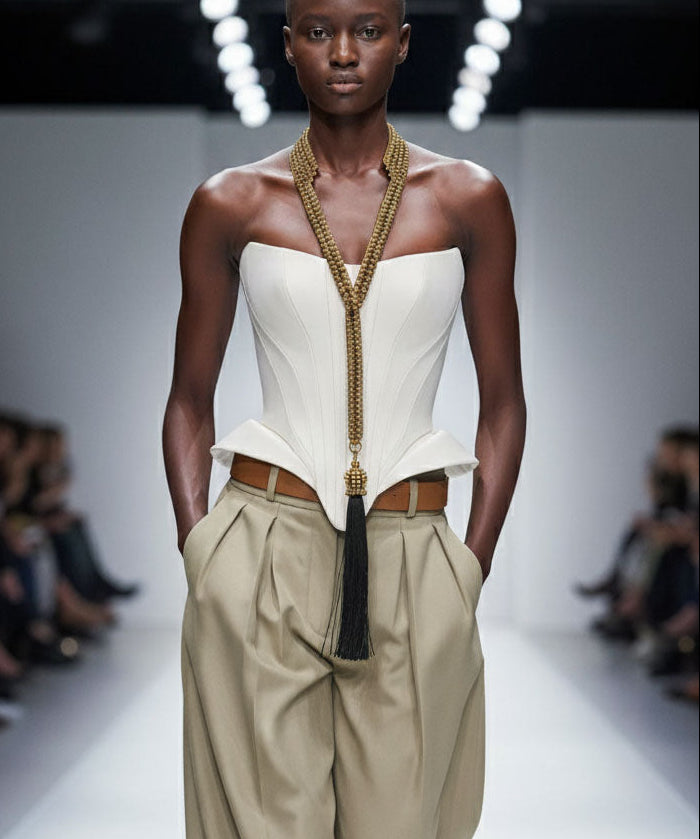 Woman walking on a runway wearing a white top and beige pants with Beaded Collar Antq Gold by Object & Dawn