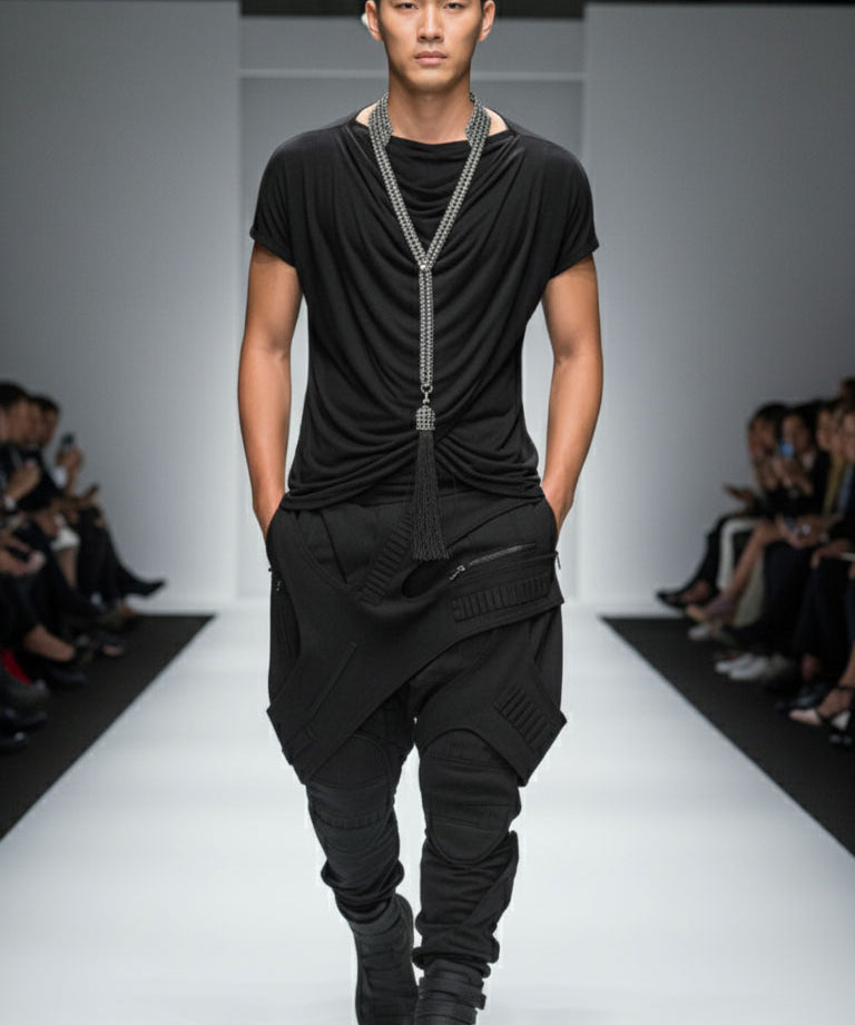 Model walking on a fashion show runway wearing a black outfit with Beaded Tailored Collar Silver  with tassel by Object & Dawn 