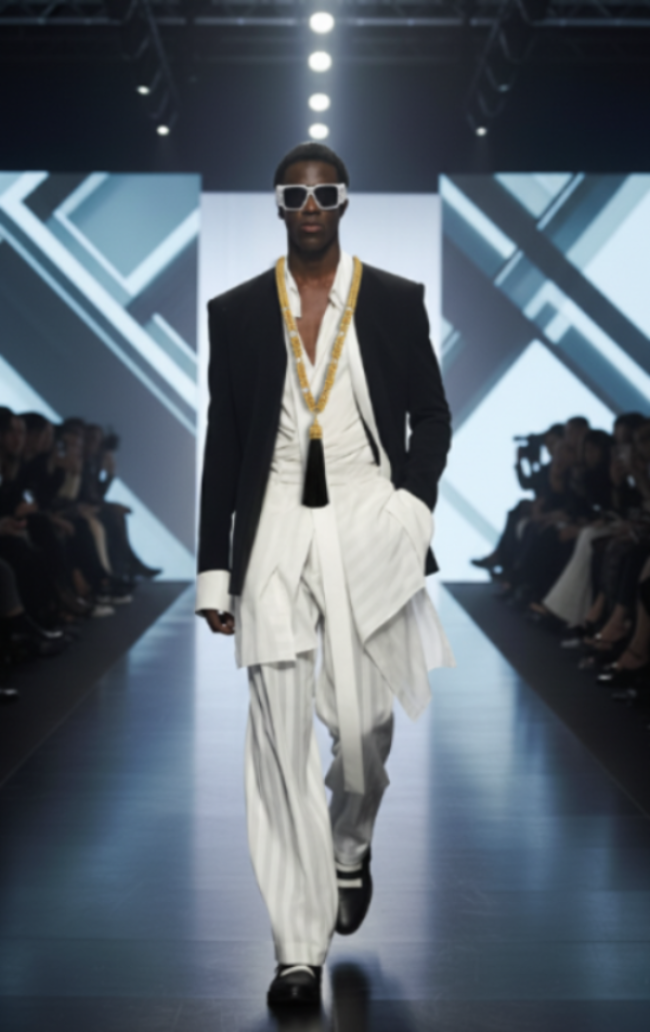 Model walking on a fashion show runway wearing a black and white outfit with sunglasses, and Beaded Necklace gold by Object & Dawn.