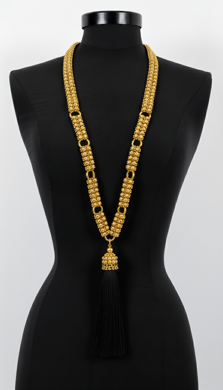 Beaded Link Neklace By Object & Dawn on a black mannequin against a white background