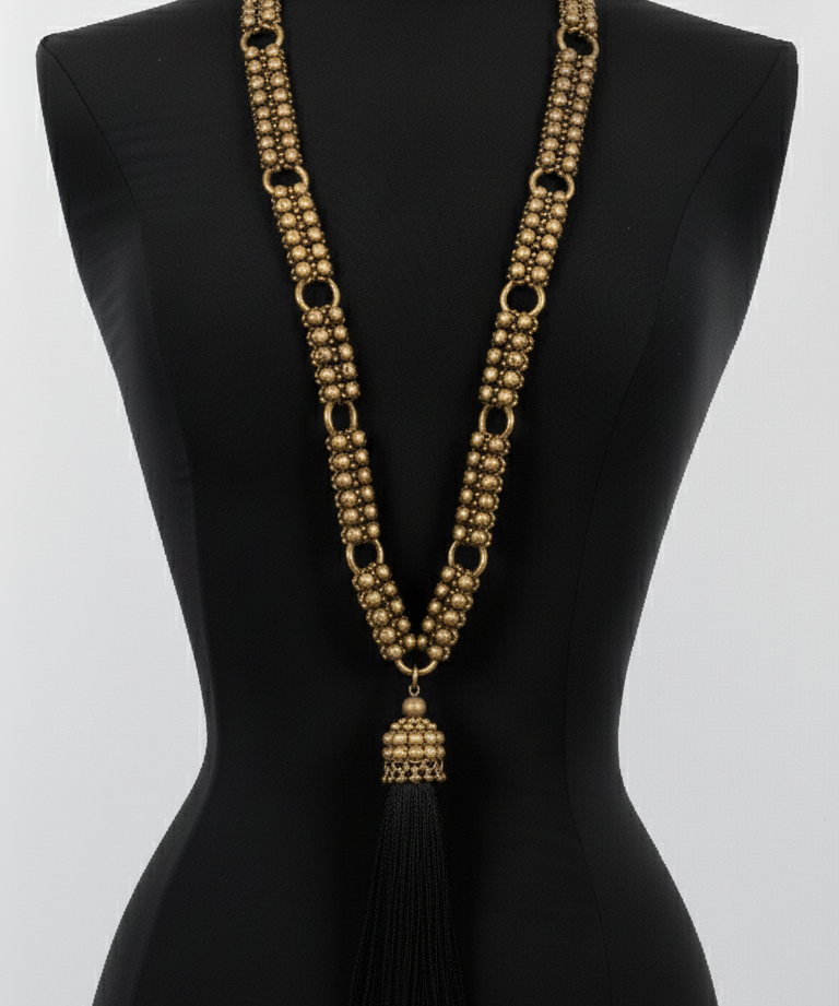 Beaded Link Necklace Antq Gold by Object & Dawn on a black mannequin against a white background