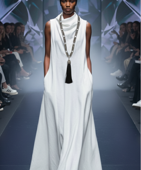 Model wearing a white dress with Beaded Link Necklace with Tassel by Object & Dawn