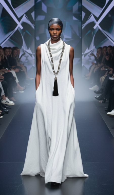 Model wearing a white dress with Beaded Link Necklace with Tassel by Object & Dawn