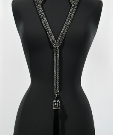 Beaded Tailored Collar with tassel on a black mannequin against a white background by Object & Dawn