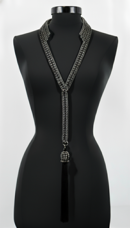 Beaded Tailored Collar with tassel on a black mannequin against a white background by Object & Dawn