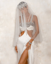 Object & Dawn Khutulun top in white with beaded Eingana Crown, modern bridal fashion worn view