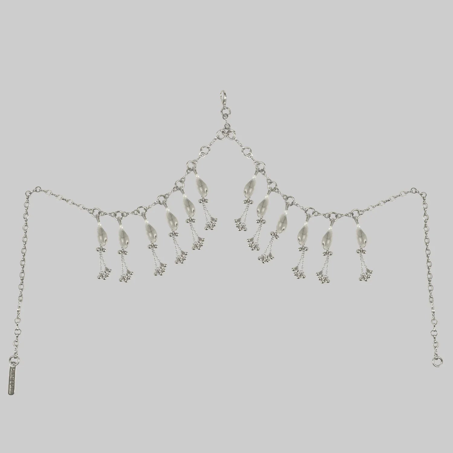 Object and Dawn Modular Beaded face mask of Jas Headpiece System with polymer metal beads and synthetic japanese pearl in grey background