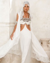 Teuta Lace Trimmed Sleeveles Silk Robe in White