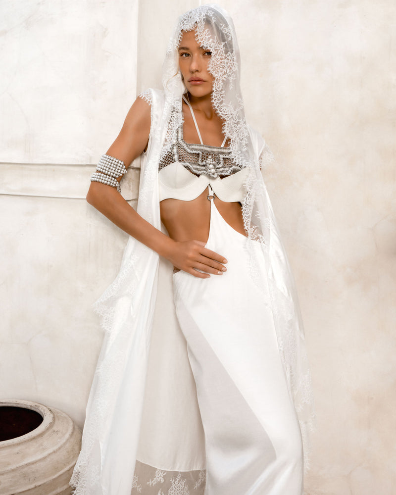 Khutulun Modular Top w/ Leather Bra in Pearl