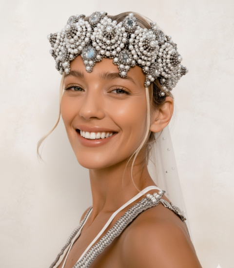 Woman wearing a decorative headpiece with pearls and mirros on a plain background