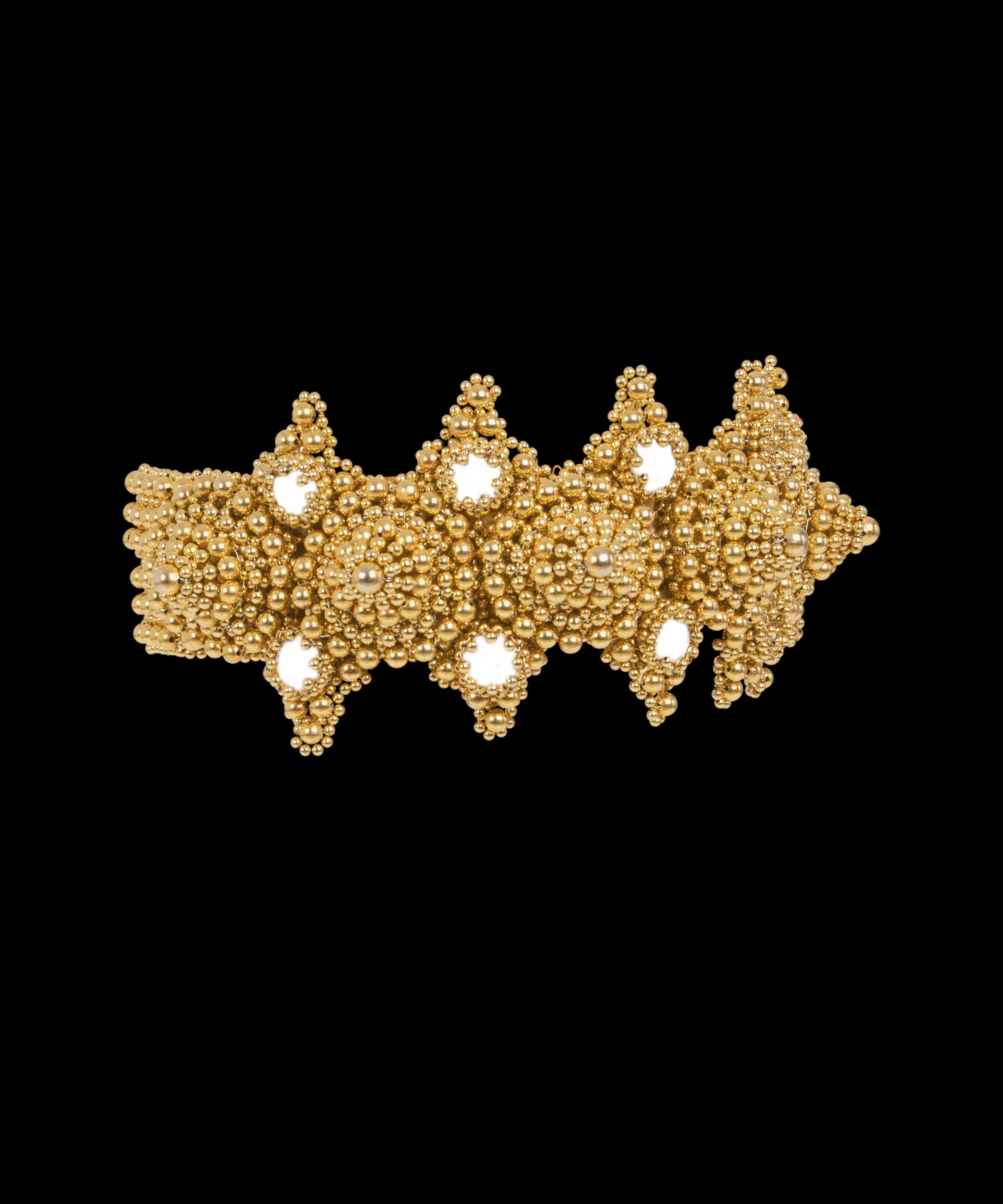 handcrafted modular crown with 22k gold washed on silver coated polymer beads by object and dawn ghost image in black background side view