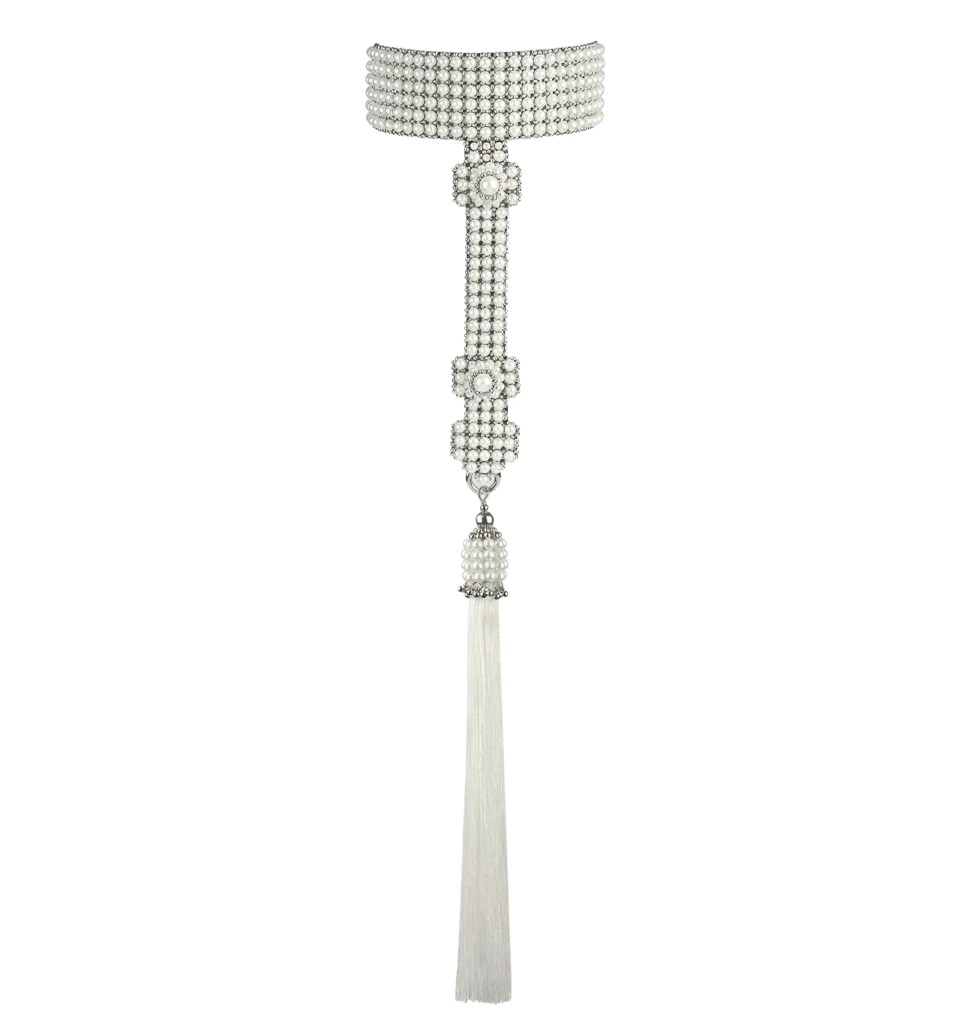 T-shaped pearl necklace with tassel ghost image on a white background