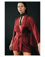 Object & Dawn Elohim T-Choker jet blackwith Mineko Short SIlk Kimono burgundy worn by woman in black background