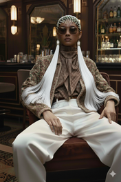Woman sitting in a bar wearing sunglasses, a patterned top, and white pants with Freja Headband in Pearl.